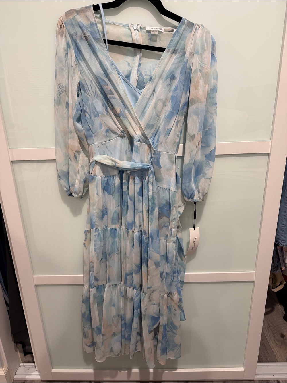 Calvin Klein Pastel Blue & Cream Floral Wrap Maxi Dress
